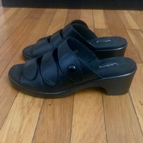 Walking Cradles Natty Black Leather Wedge Slide Sandals - Size 10M - Picture 2 of 8